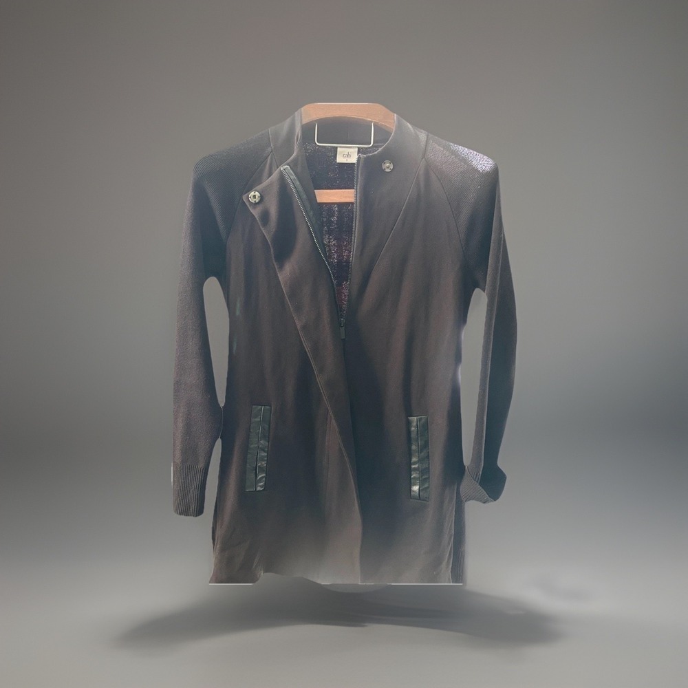 CAbi Women's S Black Tailor‎ Ponte Knit Full Zip Coat Faux Leather Trim